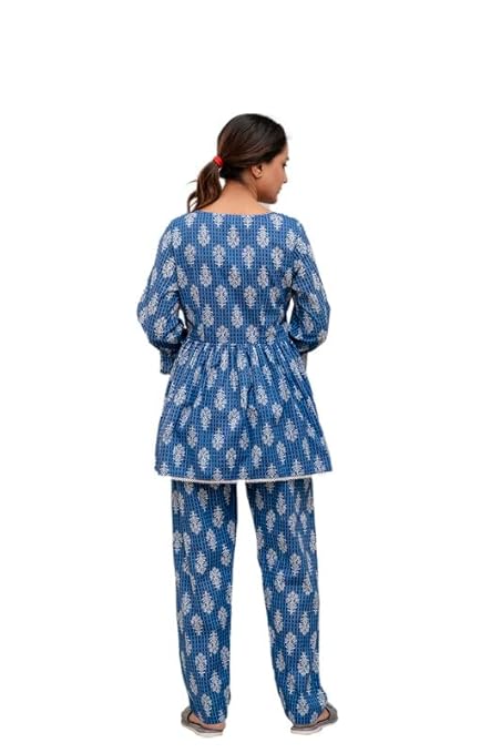 MOMKINS Cotton  Women Two Piece Co ord set Dress Drak Blue