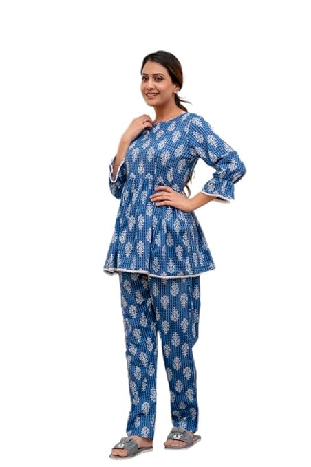 MOMKINS Cotton  Women Two Piece Co ord set Dress Drak Blue