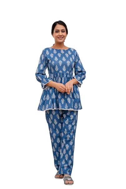 MOMKINS Cotton  Women Two Piece Co ord set Dress Drak Blue