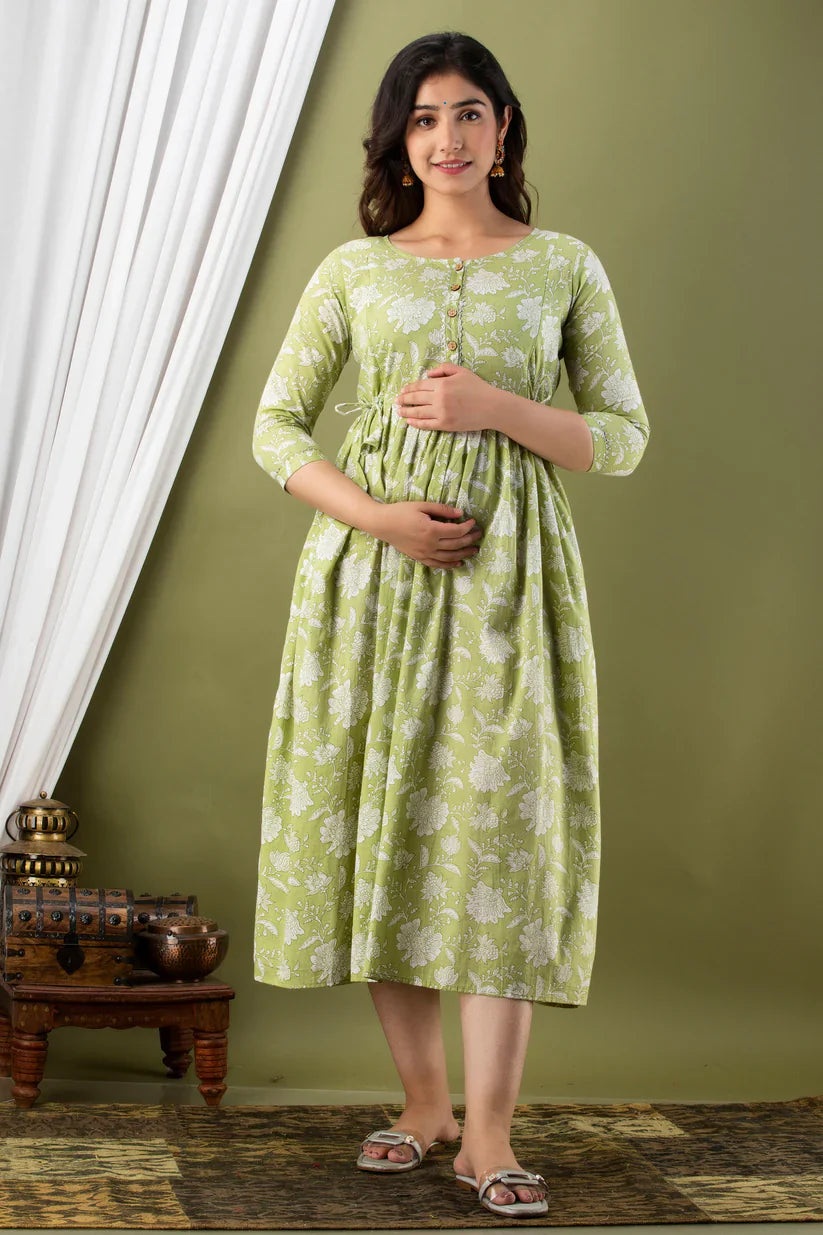 MOMKINS Green Leaf Print Cotton Maternity Feeding Kurti