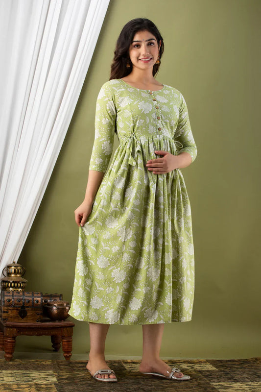 MOMKINS Green Leaf Print Cotton Maternity Feeding Kurti