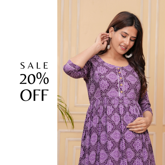 MOMKINS Cambric Pure Cotton Maternity Cum Feeding Kurti(Purple mandala art)