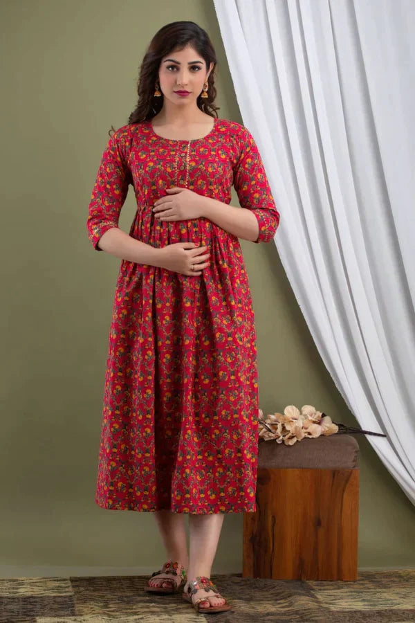 MOMKINS Red Small Floral Print Cotton Maternity Feeding Kurti