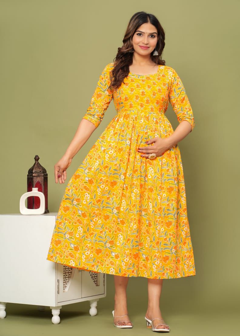 MOMKINS Cambric Pure Cotton Maternity Cum Feeding Kurti(ORANGE)