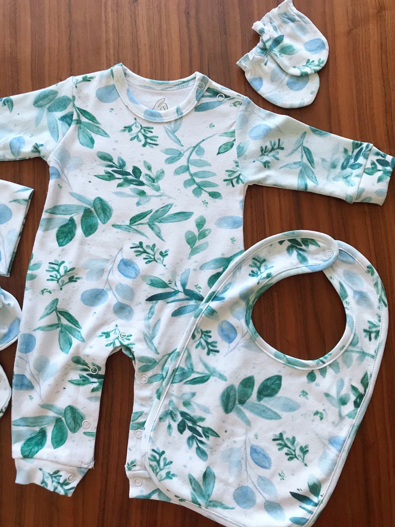 Organic Watercolor Greenery Romper, Eucalyptus Onesie, Newborn Gift Set, Organic Baby clothes, Eucalyptus Baby Clothes, Sage Baby Clothes