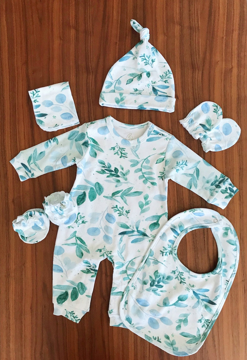 Organic Watercolor Greenery Romper, Eucalyptus Onesie, Newborn Gift Set, Organic Baby clothes, Eucalyptus Baby Clothes, Sage Baby Clothes