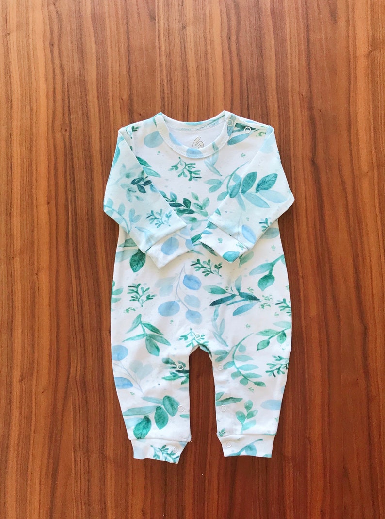 Organic Watercolor Greenery Romper, Eucalyptus Onesie, Newborn Gift Set, Organic Baby clothes, Eucalyptus Baby Clothes, Sage Baby Clothes