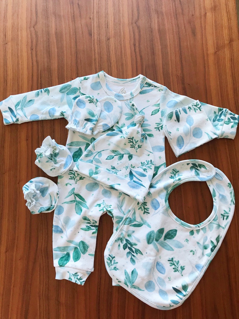 Organic Watercolor Greenery Romper, Eucalyptus Onesie, Newborn Gift Set, Organic Baby clothes, Eucalyptus Baby Clothes, Sage Baby Clothes