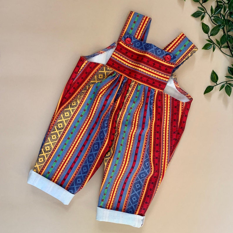 Multi-colour Boho Aztec Baby Romper, Cute Preppy Vintage Cotton Fabric, Unisex Neutral Baby Clothes, Denim Baby Overalls,