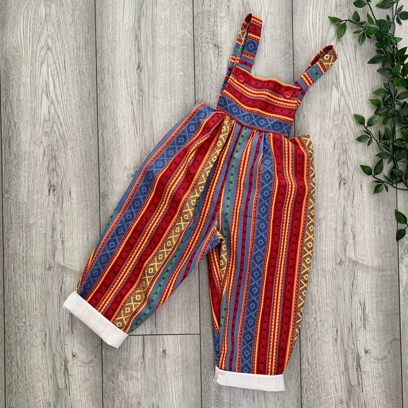 Multi-colour Boho Aztec Baby Romper, Cute Preppy Vintage Cotton Fabric, Unisex Neutral Baby Clothes, Denim Baby Overalls,