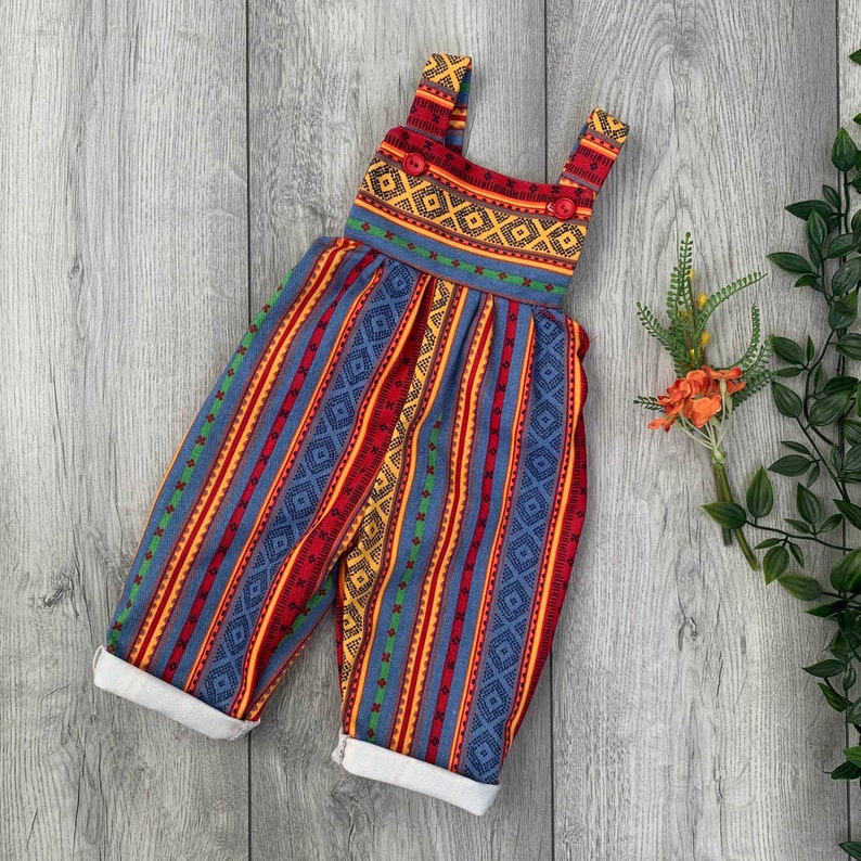 Multi-colour Boho Aztec Baby Romper, Cute Preppy Vintage Cotton Fabric, Unisex Neutral Baby Clothes, Denim Baby Overalls,