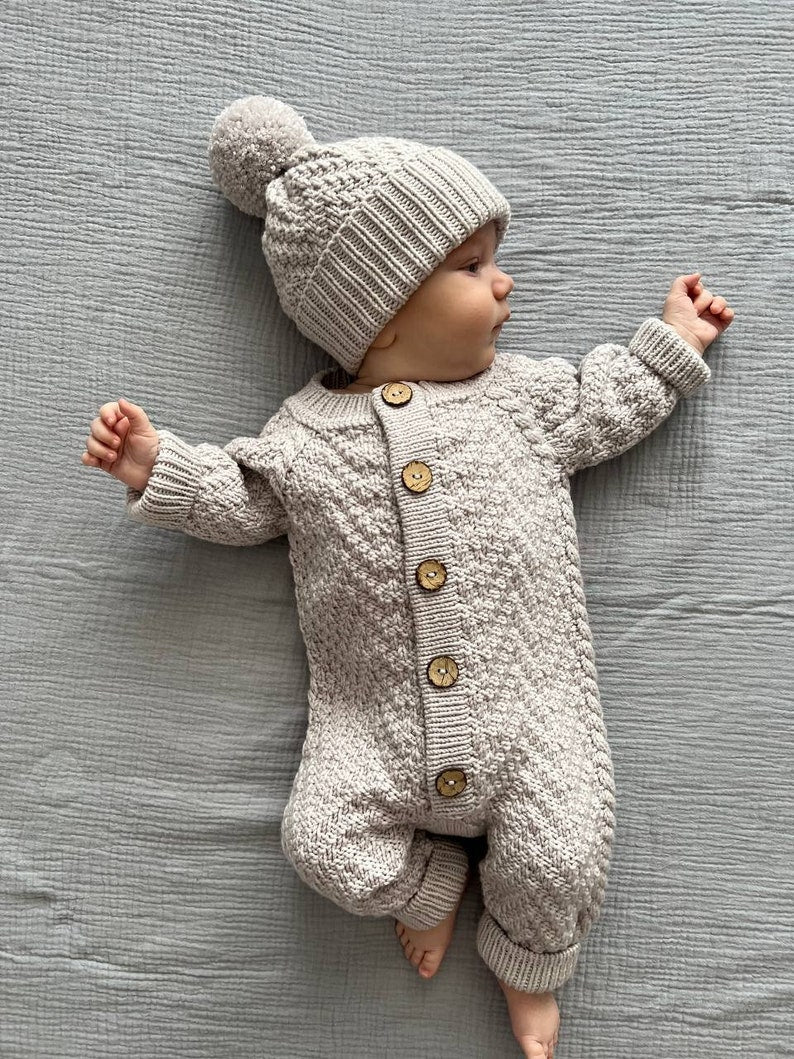 Knitting patterns set 2 in 1, knitting pattern baby romper, baby hat, knitting for newborn, herringbone jumpsuit pattern