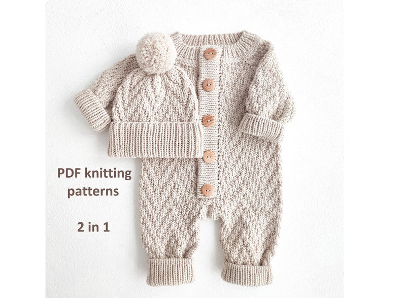 Knitting patterns set 2 in 1, knitting pattern baby romper, baby hat, knitting for newborn, herringbone jumpsuit pattern