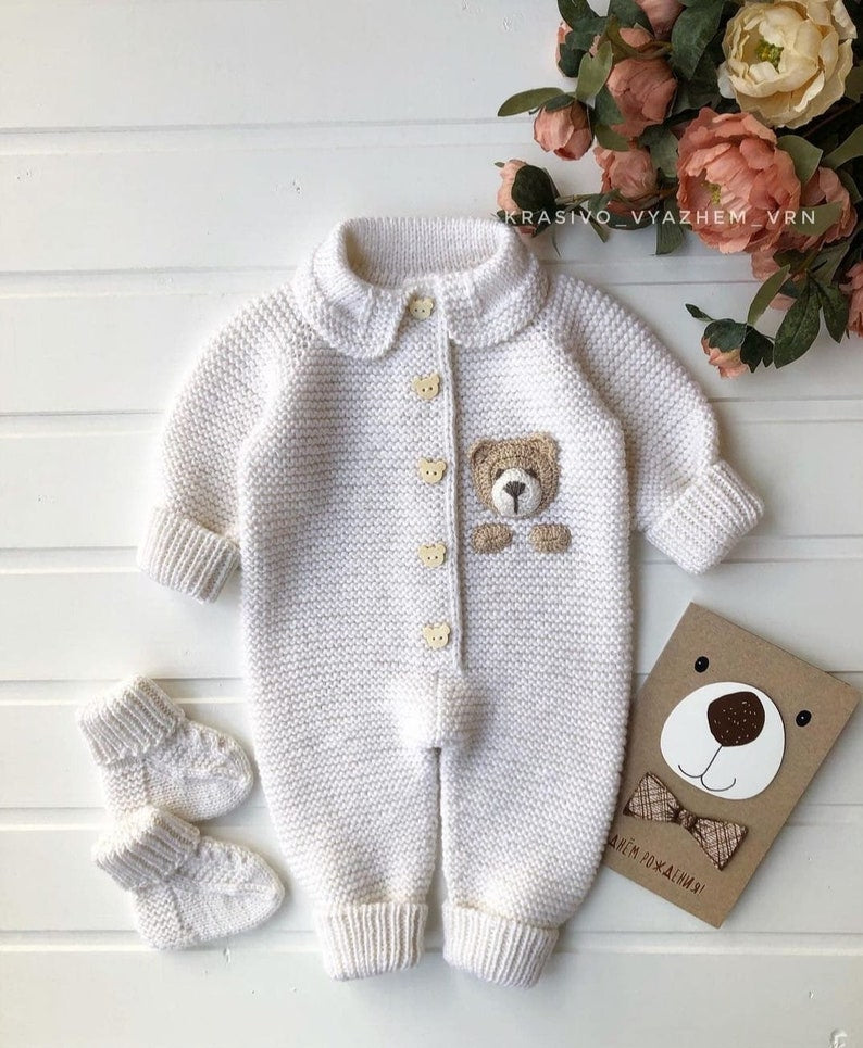 2 piece Teddy Bear Rompers Set, Knitted Newborn Clothes, Coming Home Baby Clothes, Knitted Baby Clothes, Coming Home Hospital Gift