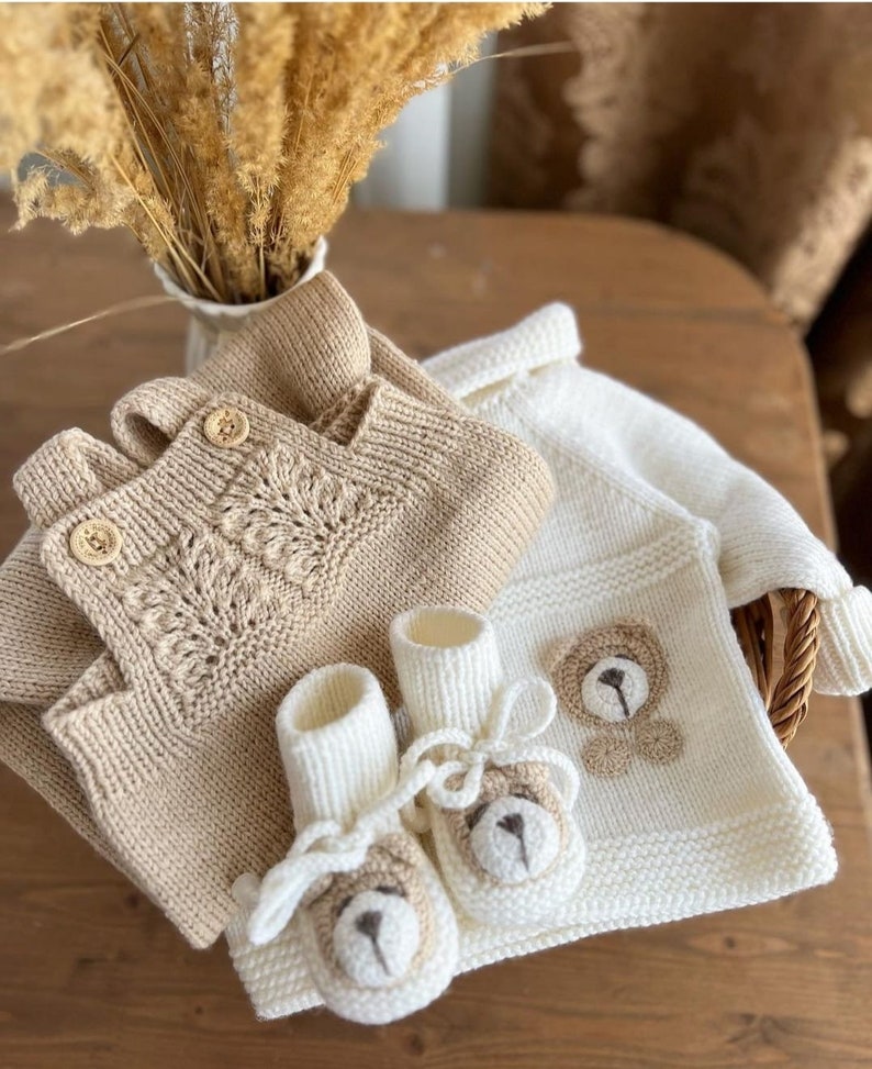 3 piece Teddy Bear Rompers Set, Knitted Newborn Clothes, Coming Home Baby Clothes, Knitted Baby Clothes, Coming Home Hospital Gift