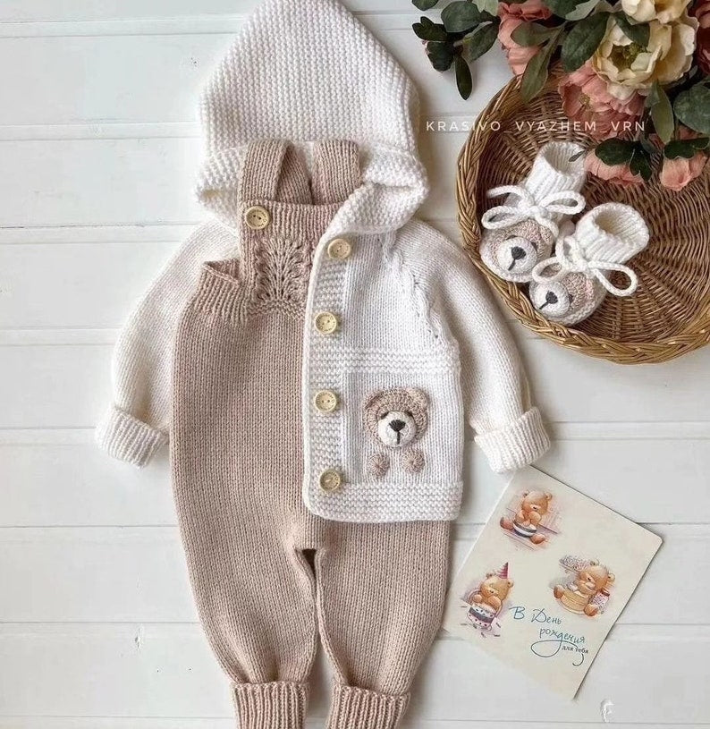 3 piece Teddy Bear Rompers Set, Knitted Newborn Clothes, Coming Home Baby Clothes, Knitted Baby Clothes, Coming Home Hospital Gift