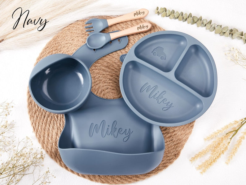 Personalized Silicone Weaning Set,Cartoon Weaning Set for Toddler Baby Kids,Feeding Set with Name,Eco-Friendly,Baby Plate,Baby Shower Gift